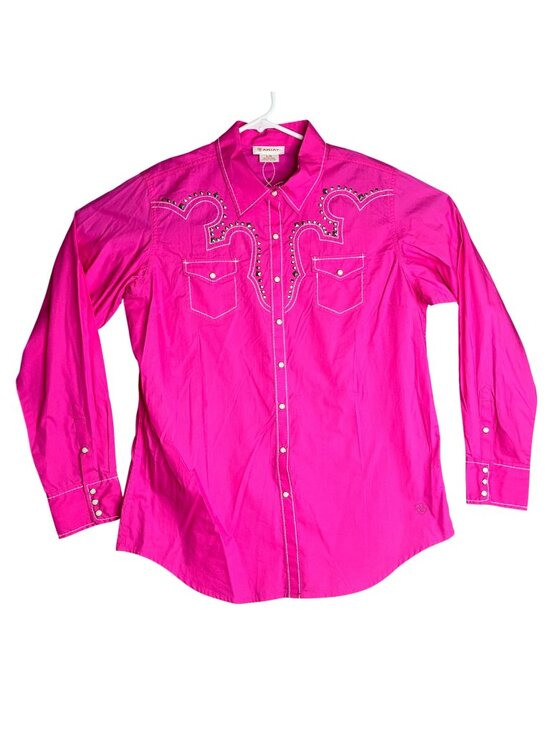 Ariat Tops - Ariat Womens Pink Western Shirt With Rhinestone Accents Snap Buttons Size Large